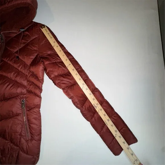Bernardo Womens XS Rust Brown Criss Cross Hooded Puffer Jacket Fleece Lined Hood - Picture 11 of 11